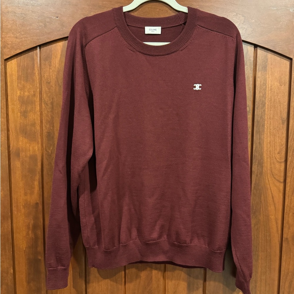 Men's Celine Burgundy 100% Wool Logo Sweater